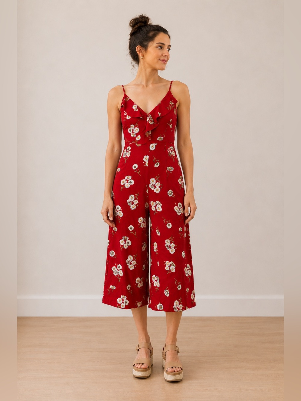 H&M Red Floral Spaghetti-Strap Jumpsuit